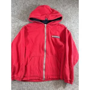 Vintage 90s Quiksilver Hoodie Mens Medium Red Zip Up Fleece Sweatshirt Casual